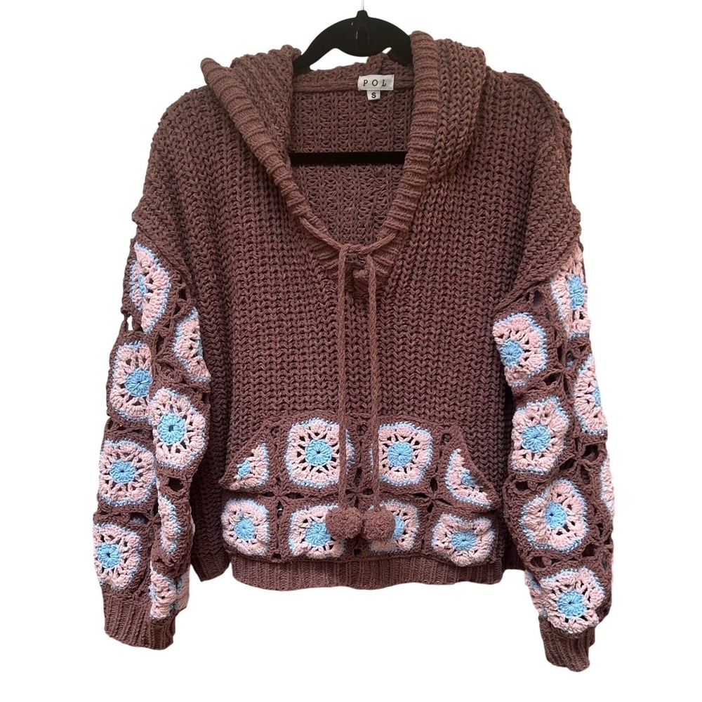 POL Crochet Granny Square Floral Chunky Knit Hoodie Brown Pink Blue Small Boho